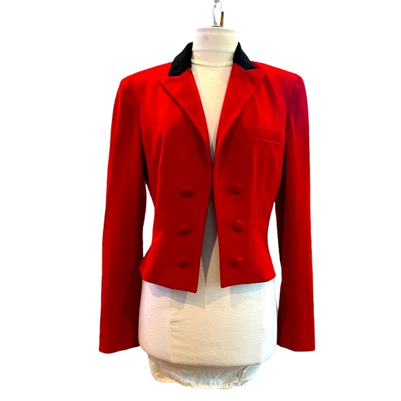 LAUREN RALPH LAUREN Red Open Front Velvet Collar Blazer Wool Lined EUC